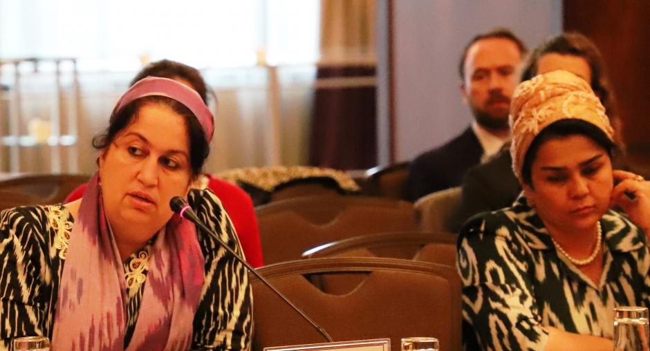 Rukhshona Shobudinova (l), a representative from the Public Council on Police Reform at national level, speaking at the fourth coordination meeting dedicated to the implementation of Tajikistan’s 2020 National Strategy and Action Plan on Prevention of Violent Extremism, Dushanbe, 29 March 2019. (OSCE/Munira Shoinbekova) 